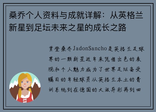 桑乔个人资料与成就详解：从英格兰新星到足坛未来之星的成长之路